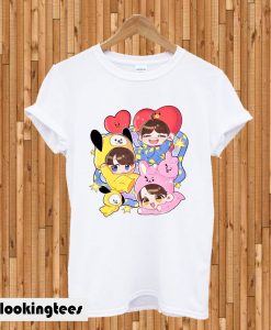 Cartoon portrait illustration of BTS T-shirt