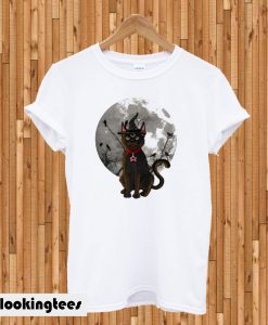 Halloween Scary Black Cat On Full Moon Night With Witch Hat T-shirt