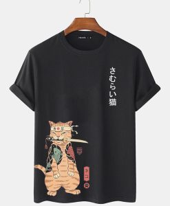 Mens Carp Warrior Cat Print Japanese Style Short Sleeve T-Shirts TPKJ3