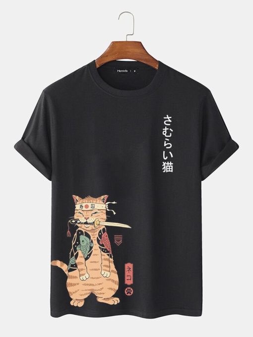 Mens Carp Warrior Cat Print Japanese Style Short Sleeve T-Shirts TPKJ3